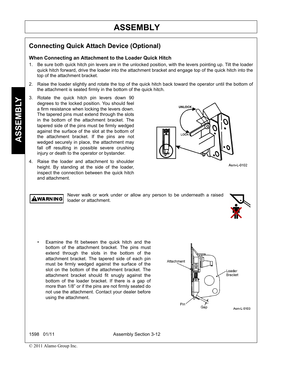 Connecting quick attach device (optional), Connecting quick attach device (optional) -12, Assembly | Assembl y | Servis-Rhino 1598 User Manual | Page 46 / 108
