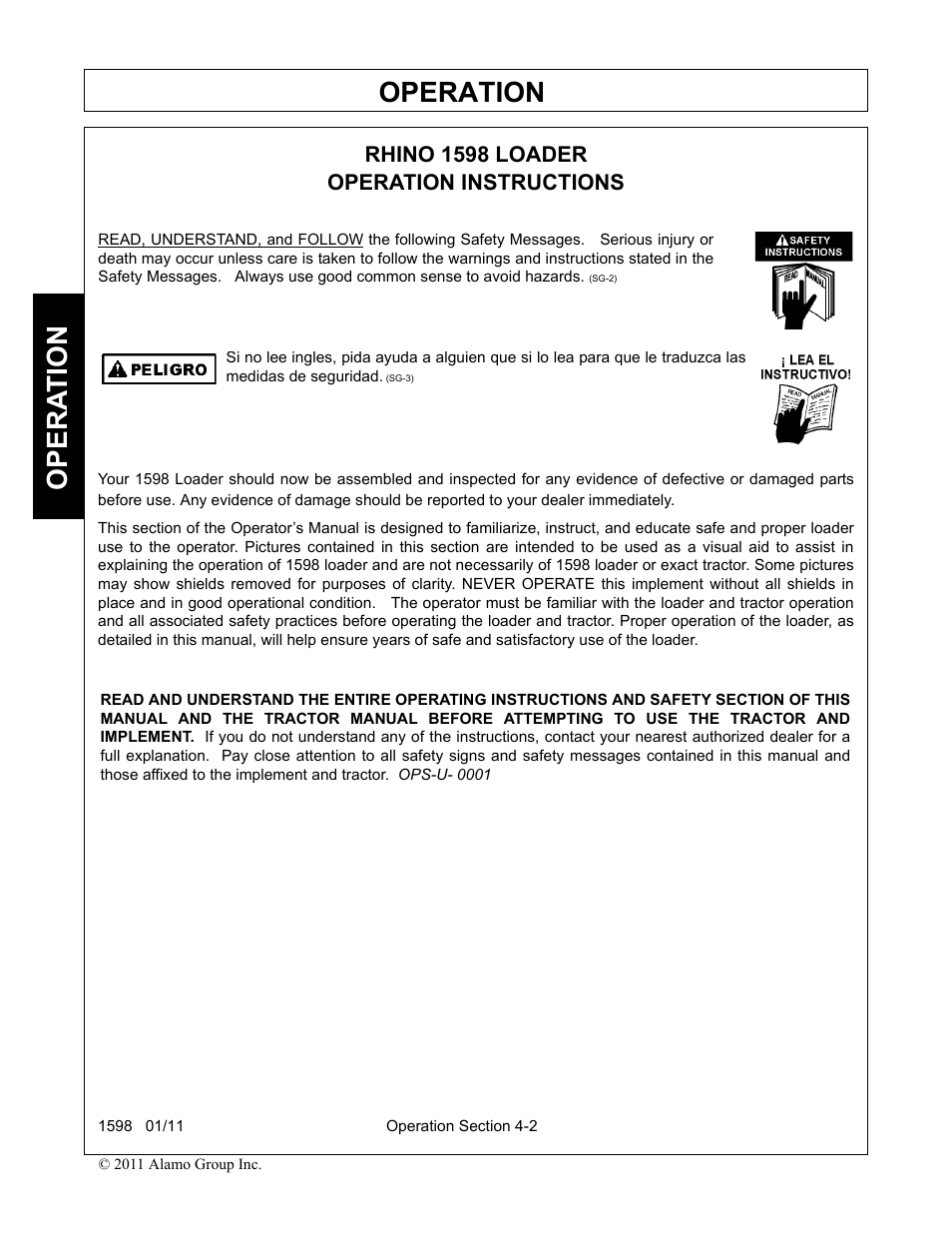 Rhino 1598 loader, Operation instructions, Operation | Opera t ion | Servis-Rhino 1598 User Manual | Page 52 / 108
