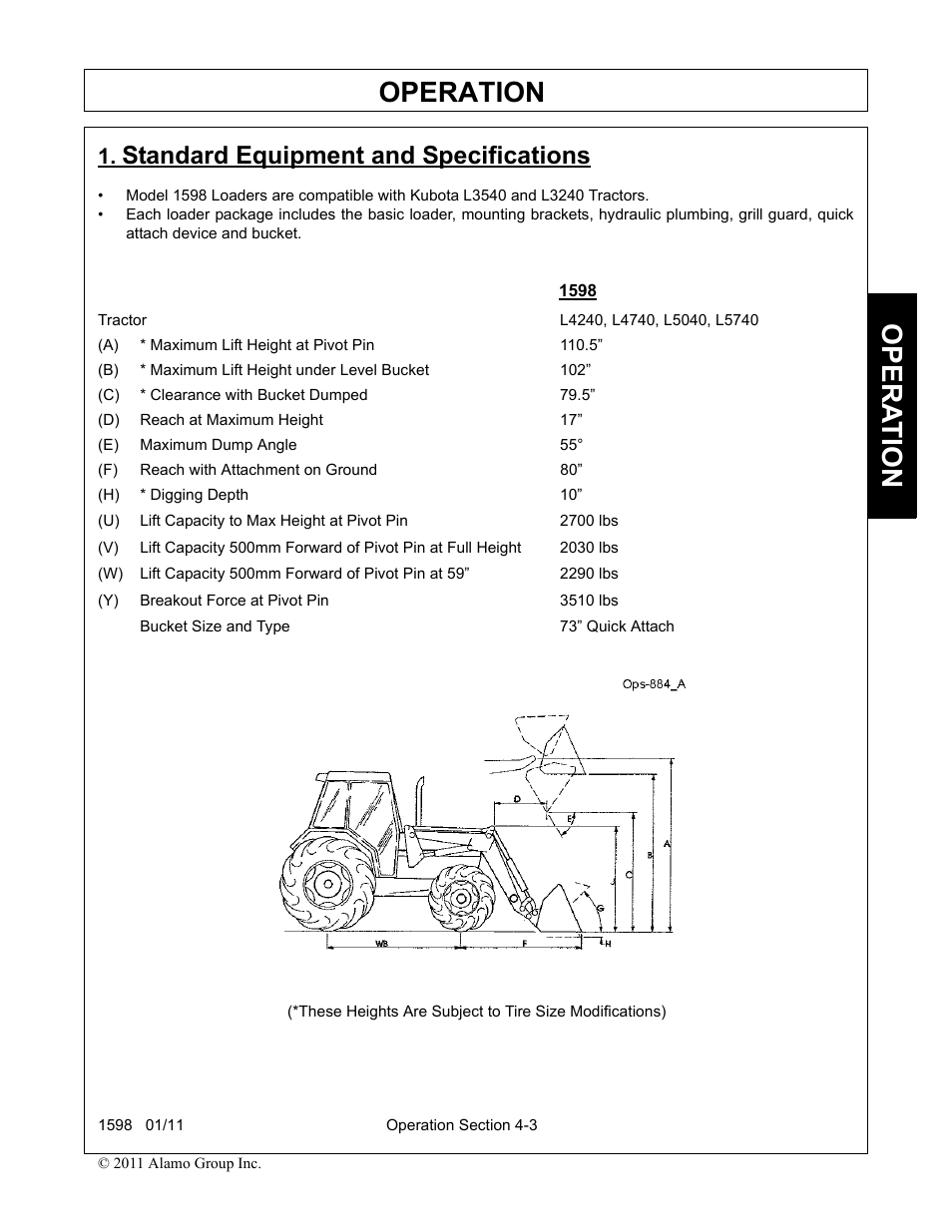 Standard equipment and specifications, A) * maximum lift height at pivot pin 110.5, B) * maximum lift height under level bucket 102 | C) * clearance with bucket dumped 79.5, D) reach at maximum height 17, E) maximum dump angle 55, F) reach with attachment on ground 80, H) * digging depth 10, Y) breakout force at pivot pin 3510 lbs, Bucket size and type 73” quick attach | Servis-Rhino 1598 User Manual | Page 53 / 108