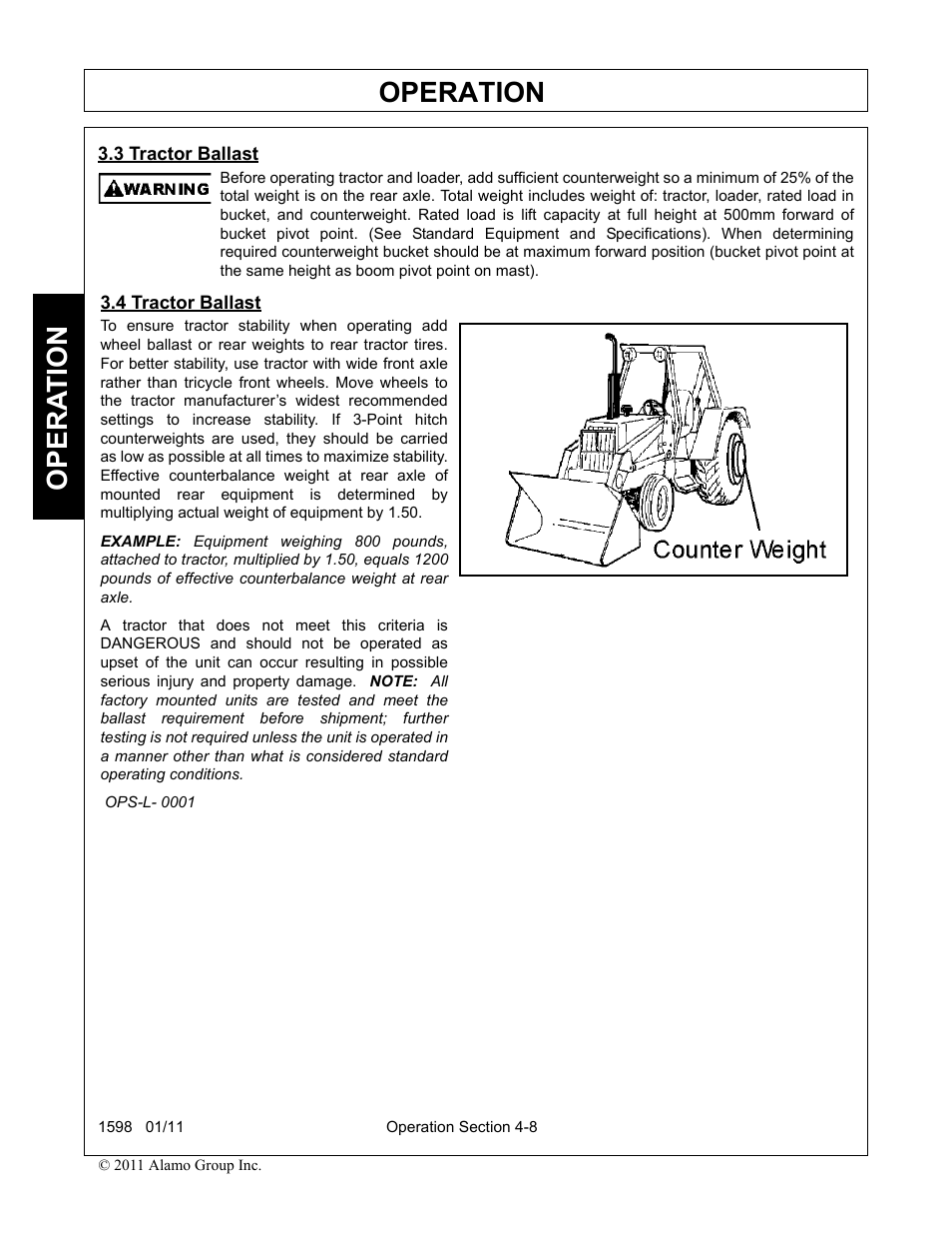 3 tractor ballast, 4 tractor ballast, Tractor ballast -8 tractor ballast -8 | Operation, Opera t ion | Servis-Rhino 1598 User Manual | Page 58 / 108