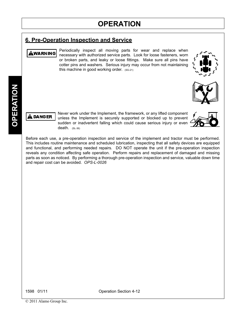 Pre-operation inspection and service, Pre-operation inspection and service -12, Operation | Opera t ion | Servis-Rhino 1598 User Manual | Page 62 / 108