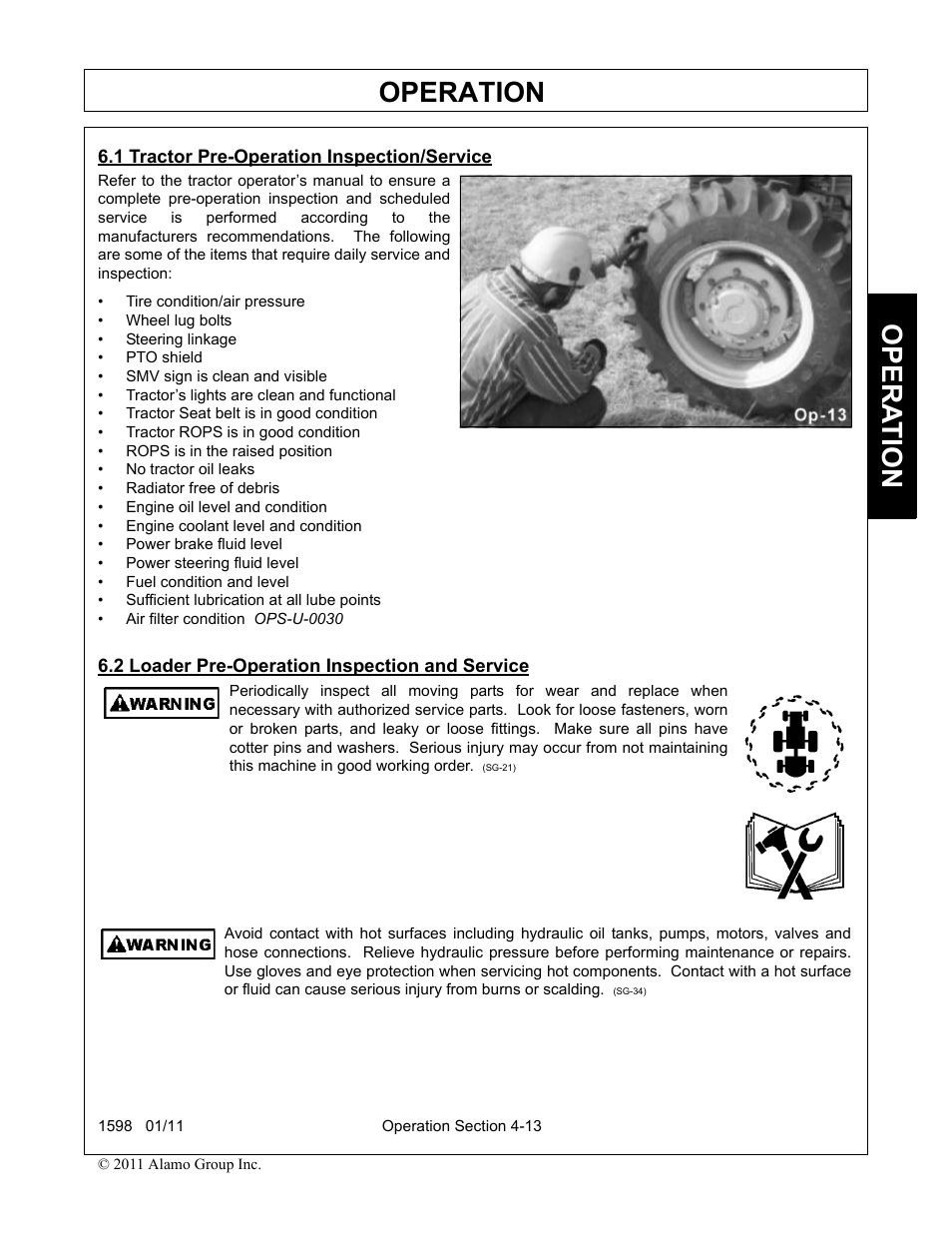1 tractor pre-operation inspection/service, 2 loader pre-operation inspection and service, Operation | Opera t ion | Servis-Rhino 1598 User Manual | Page 63 / 108