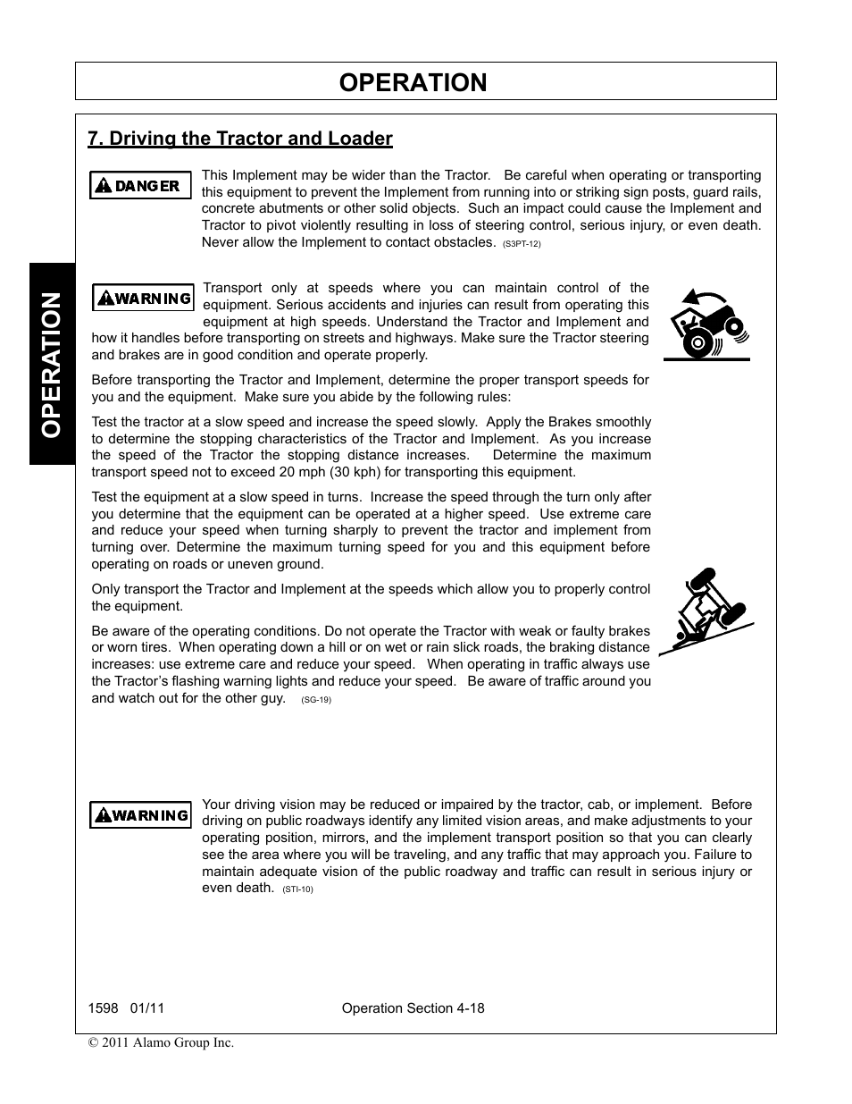 Driving the tractor and loader, Driving the tractor and loader -18, Operation | Opera t ion | Servis-Rhino 1598 User Manual | Page 68 / 108