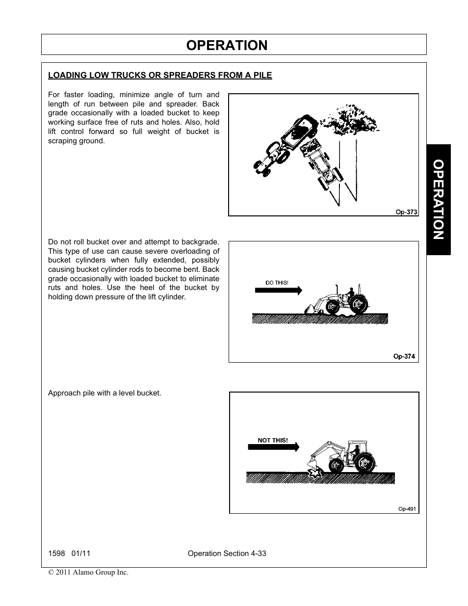 Loading low trucks or spreaders from a pile, Operation, Opera t ion | Servis-Rhino 1598 User Manual | Page 83 / 108