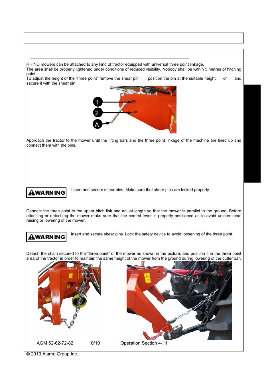 Ttaching to the, Hree, Oint | Inkage of the, Achine, Operation, Oper a t io n | Servis-Rhino RHINO AGM72 User Manual | Page 121 / 186