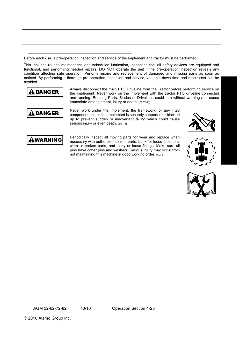 Peration, Nspection and, Ervice | Operation, Oper a t io n, Pre-operation inspection and service | Servis-Rhino RHINO AGM72 User Manual | Page 133 / 186