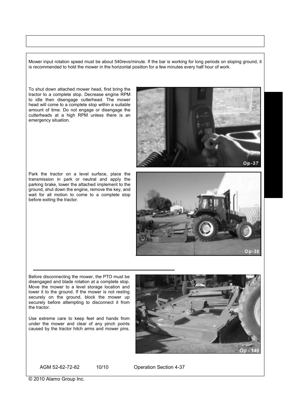 Isconnecting the, Ower, Rom the | Ractor, Operation, Oper a t io n, Disconnecting the mower from the tractor | Servis-Rhino RHINO AGM72 User Manual | Page 147 / 186