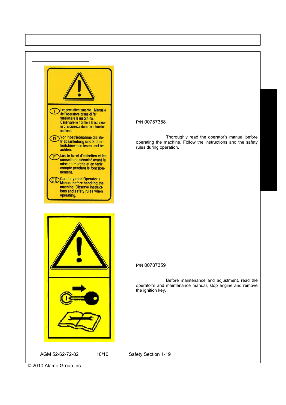 Ecal, Escription, Safety | Sa f et y, Decal description | Servis-Rhino RHINO AGM72 User Manual | Page 25 / 186