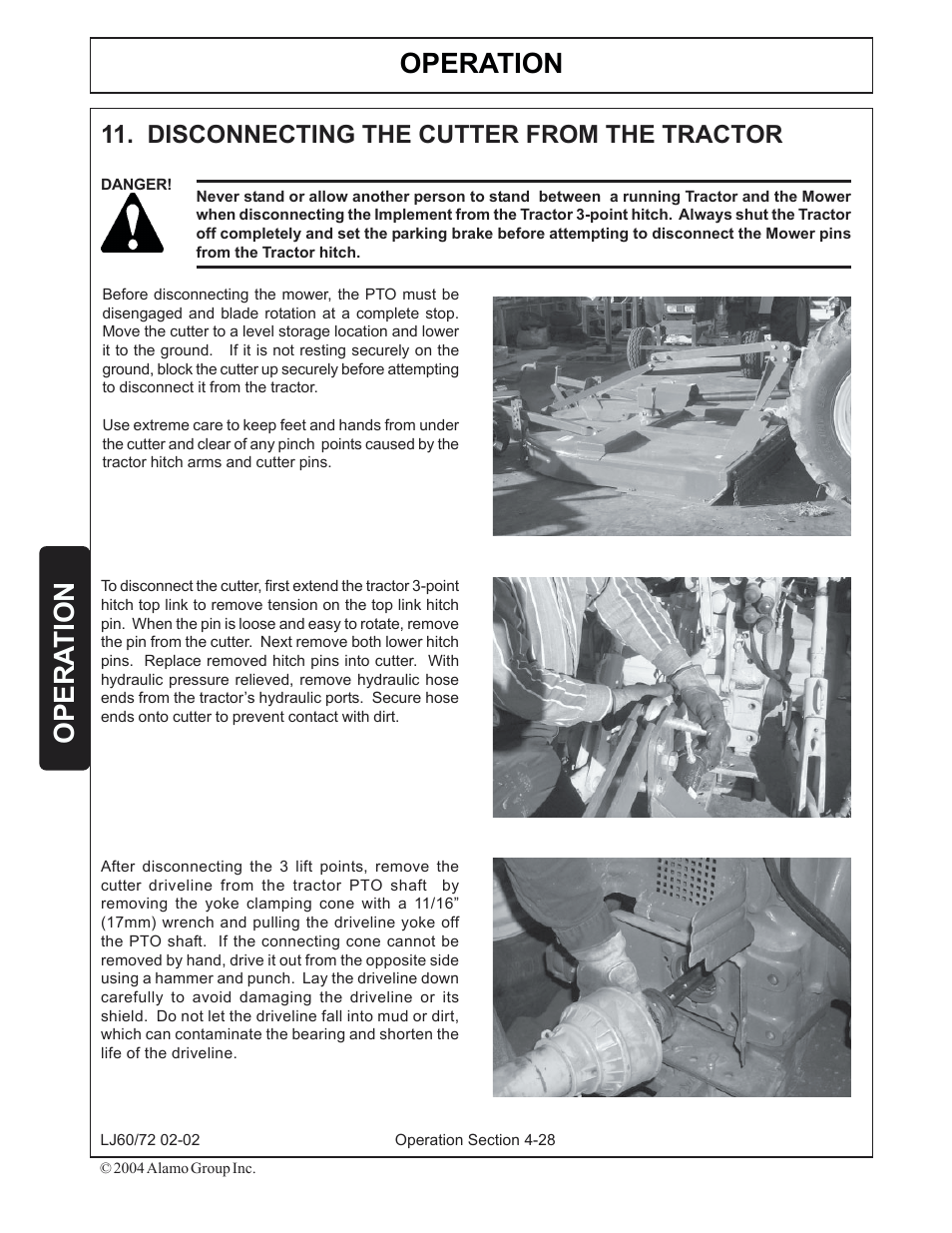 11) disconnecting the cutter from the tractor -28, Operation, Opera tion | Disconnecting the cutter from the tractor | Servis-Rhino LUMBERJACK 60/72 User Manual | Page 102 / 132