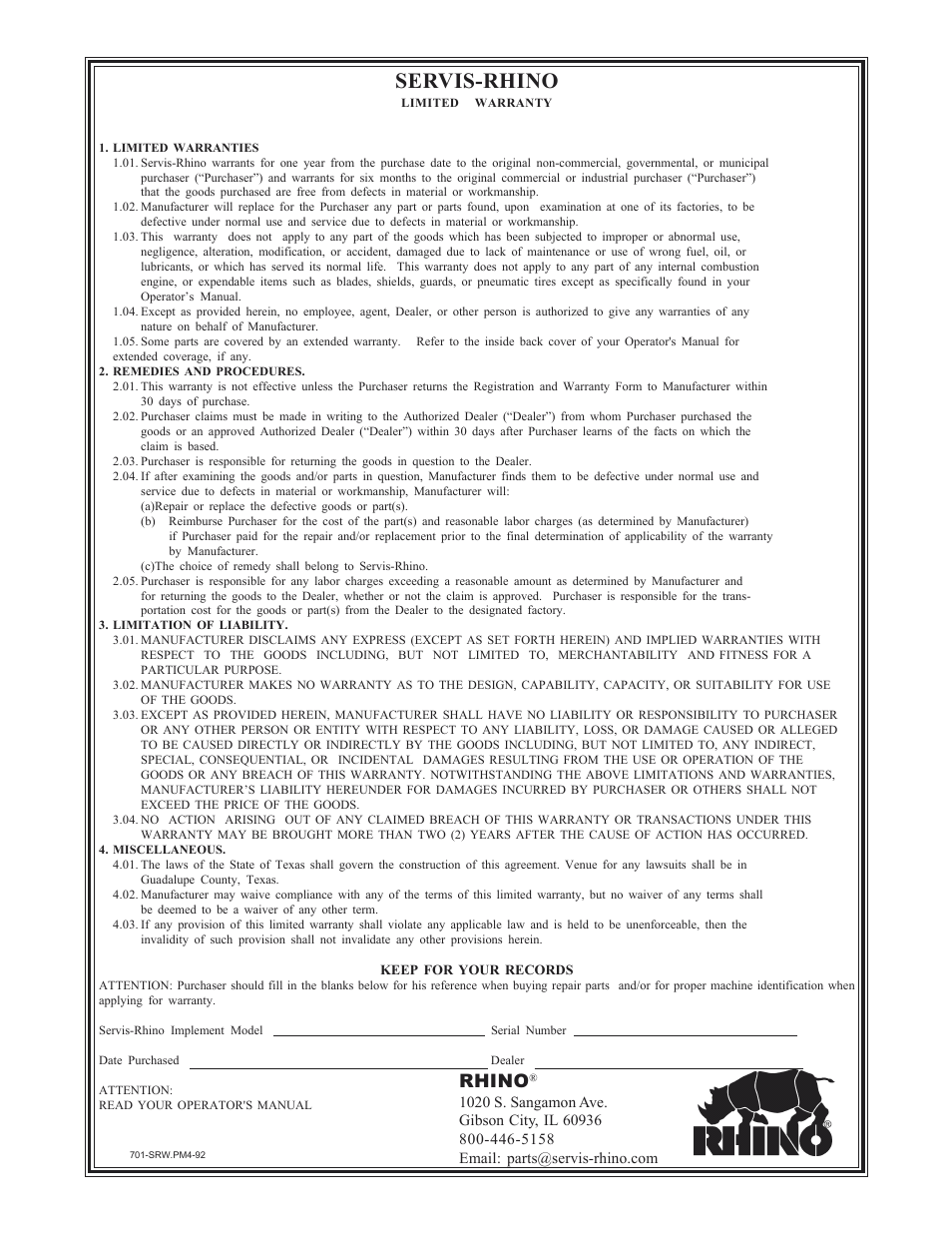 Servis-rhino, Rhino | Servis-Rhino LUMBERJACK 60/72 User Manual | Page 123 / 132