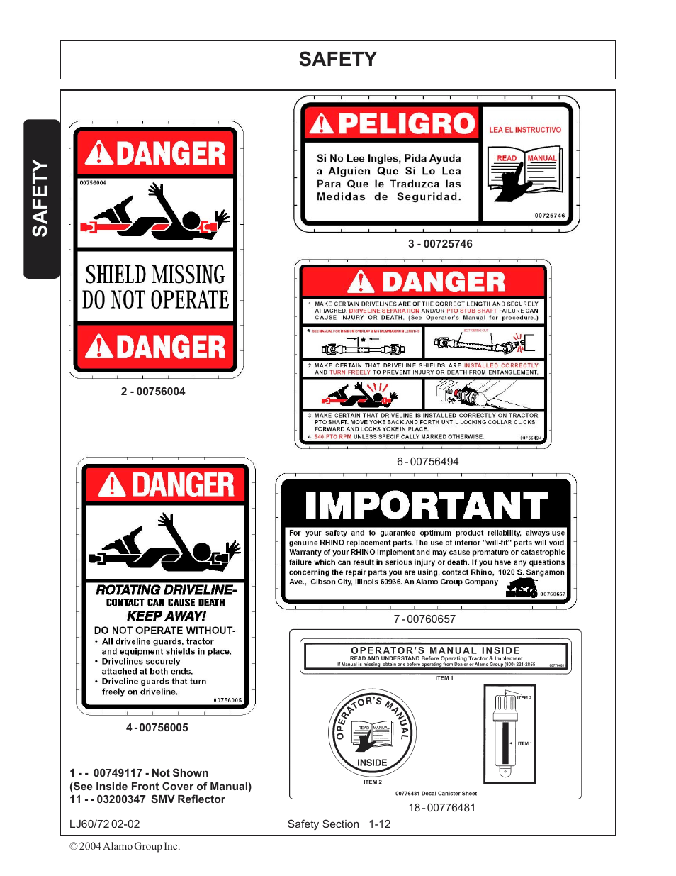 Safety decals -12, Safety | Servis-Rhino LUMBERJACK 60/72 User Manual | Page 18 / 132