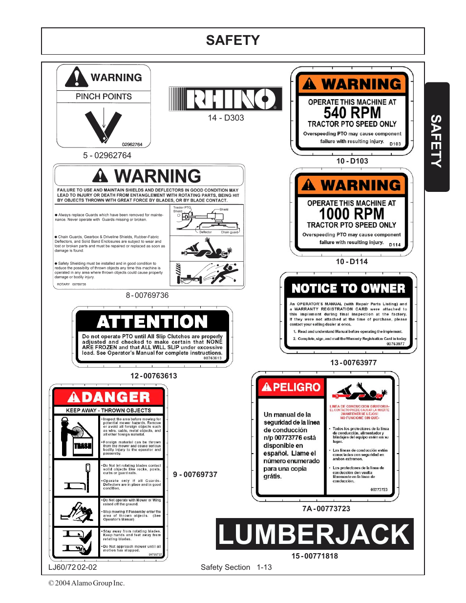 Lumberjack, Safety | Servis-Rhino LUMBERJACK 60/72 User Manual | Page 19 / 132