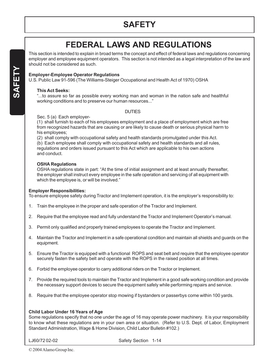 Federal laws and regulations -14, Safety, Federal laws and regulations | Servis-Rhino LUMBERJACK 60/72 User Manual | Page 20 / 132