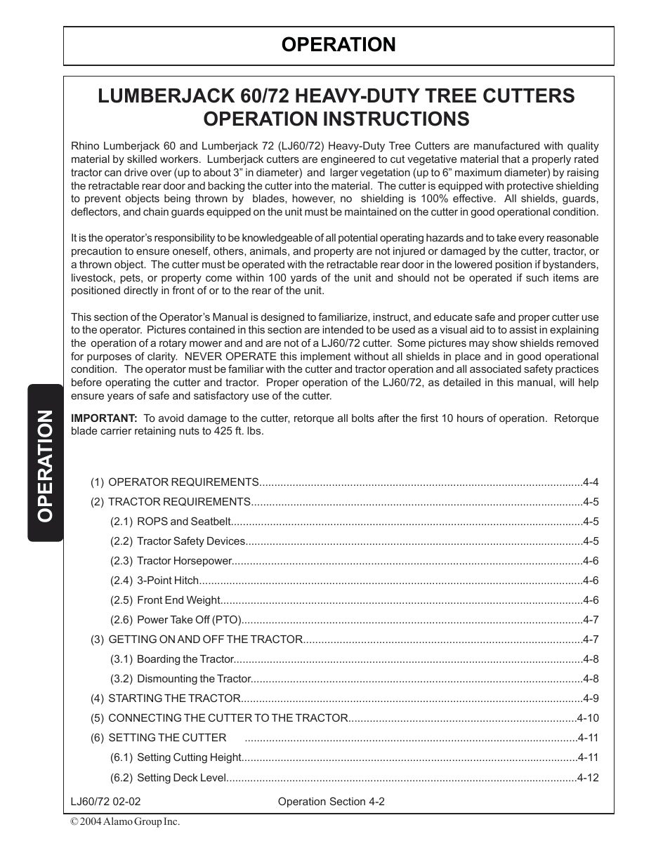 Operation, Opera tion | Servis-Rhino LUMBERJACK 60/72 User Manual | Page 76 / 132