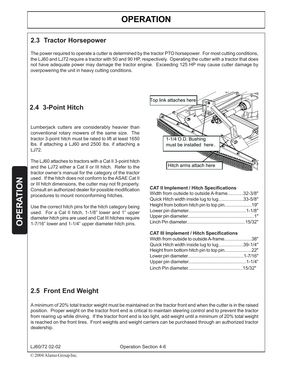 3) tractor horsepower -6, 4) 3-point hitch -6, 5) front end weight -6 | Operation, Opera tion | Servis-Rhino LUMBERJACK 60/72 User Manual | Page 80 / 132