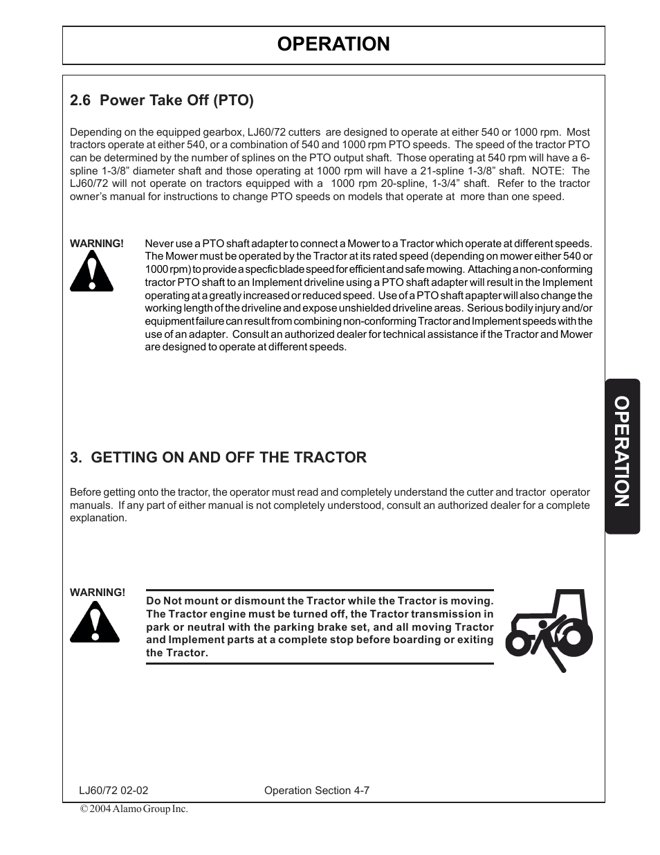 6) power take off (pto) -7, 3) getting on and off the tractor -7, Operation | Opera tion | Servis-Rhino LUMBERJACK 60/72 User Manual | Page 81 / 132