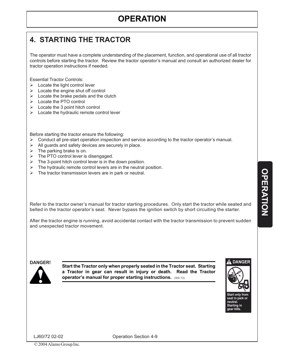 4) starting the tractor -9, Operation, Opera tion | Starting the tractor | Servis-Rhino LUMBERJACK 60/72 User Manual | Page 83 / 132