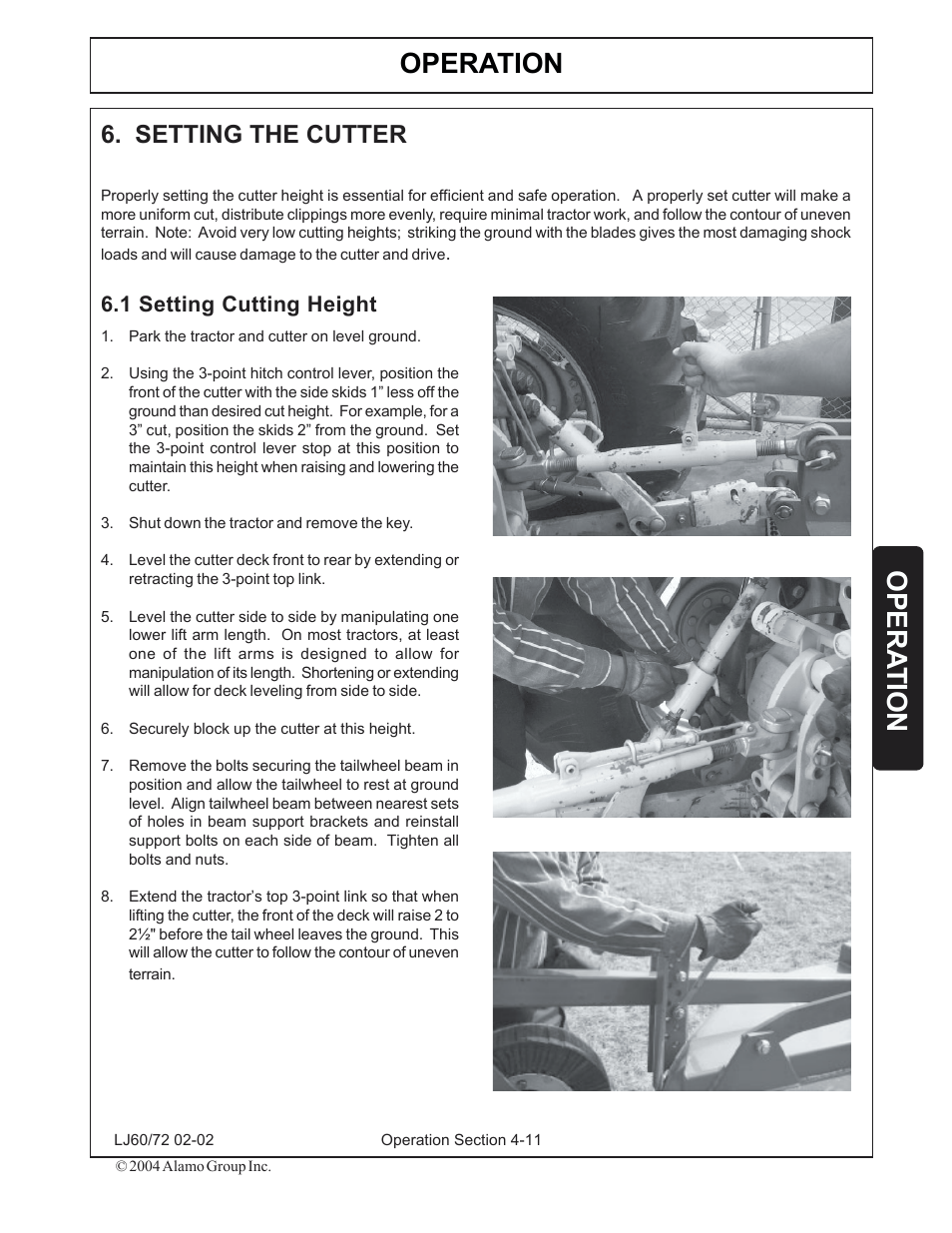 6) setting the cutter -11, 1) setting cutting height -11, Operation | Opera tion, Setting the cutter | Servis-Rhino LUMBERJACK 60/72 User Manual | Page 85 / 132