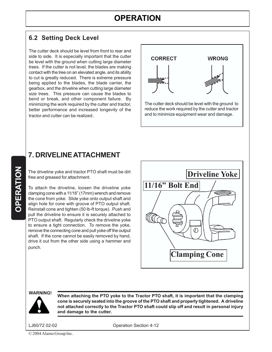 2) setting deck level -12, 7) driveline attachment -12, Operation | Opera tion, Clamping cone driveline yoke 11/16” bolt end | Servis-Rhino LUMBERJACK 60/72 User Manual | Page 86 / 132