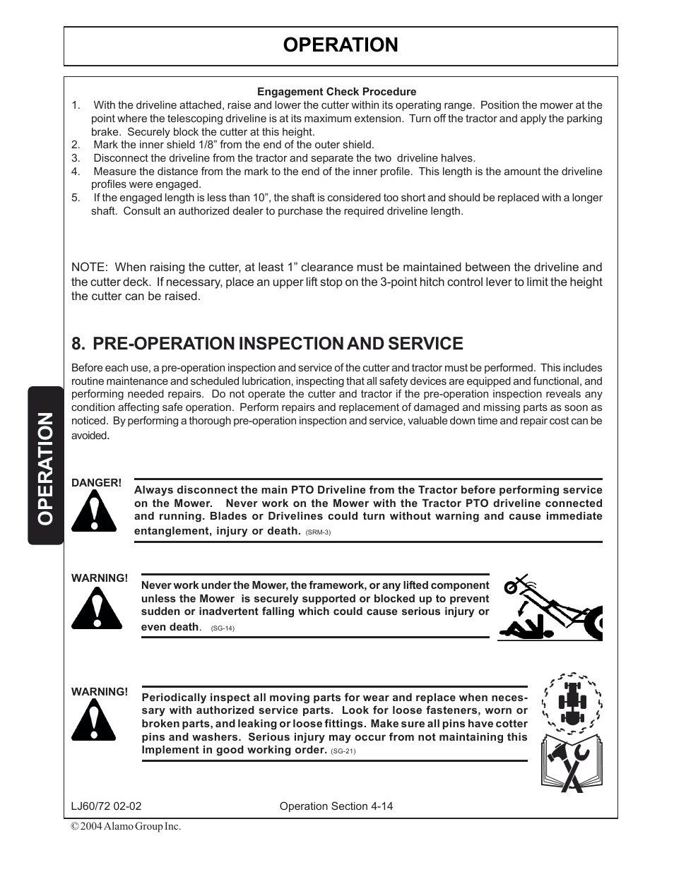 8) pre-operation inspection and service -14, Operation, Opera tion | Pre-operation inspection and service | Servis-Rhino LUMBERJACK 60/72 User Manual | Page 88 / 132