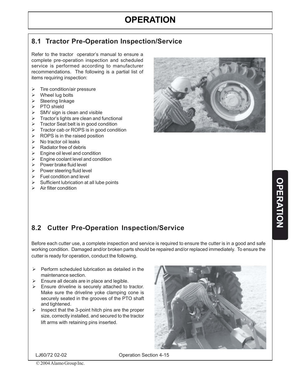 1) tractor pre-operation inspection/service -15, 2) cutter pre-operation inspection/service -15, Operation | Opera tion | Servis-Rhino LUMBERJACK 60/72 User Manual | Page 89 / 132