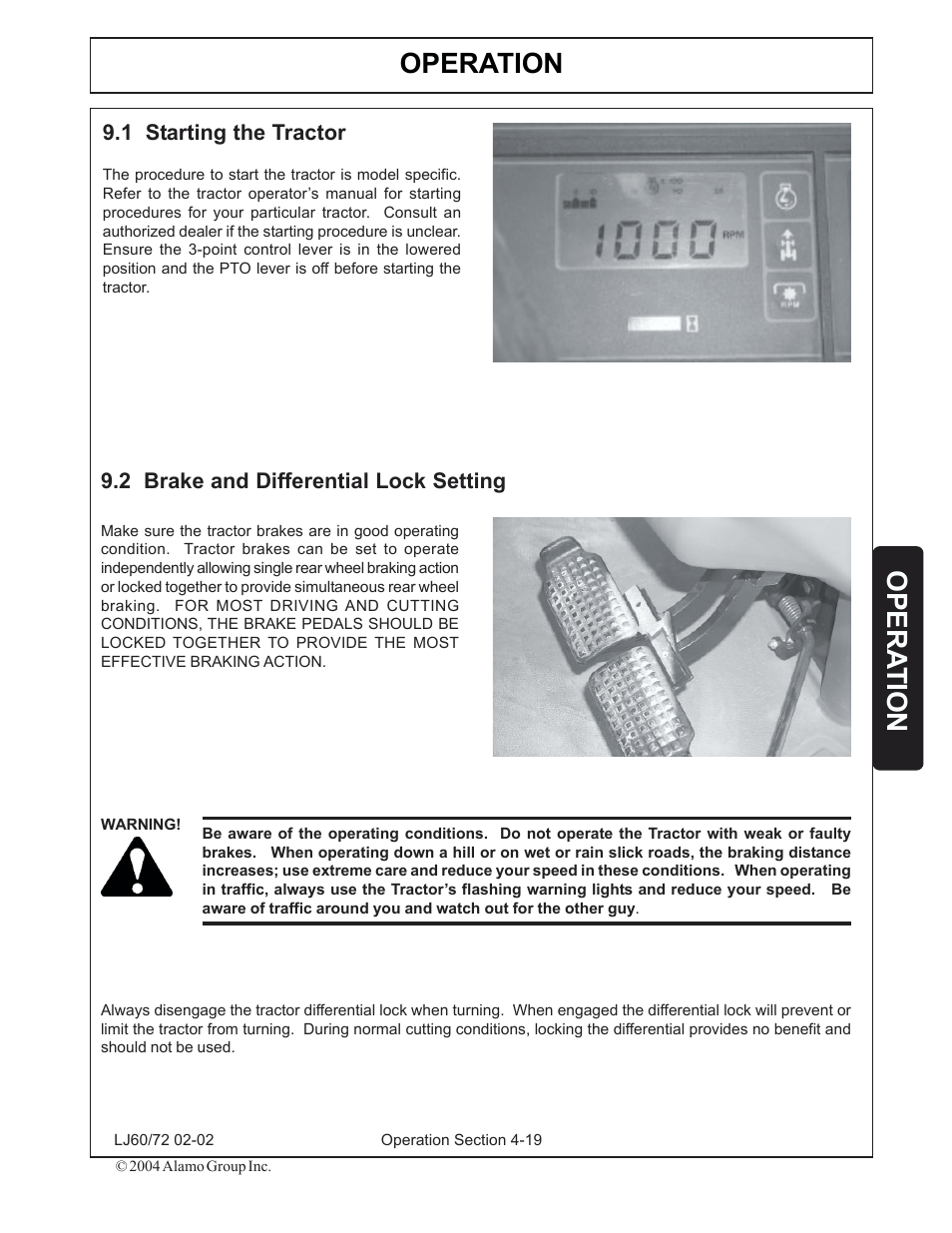 1) starting the tractor -19, 2) brake and differential lock setting -19, Operation | Opera tion | Servis-Rhino LUMBERJACK 60/72 User Manual | Page 93 / 132