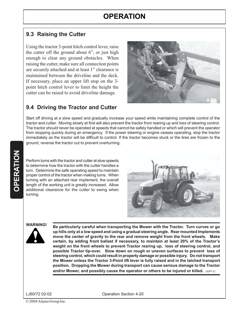 3) raising the cutter -20, 4) driving the tractor and cutter -20, Operation | Opera tion | Servis-Rhino LUMBERJACK 60/72 User Manual | Page 94 / 132