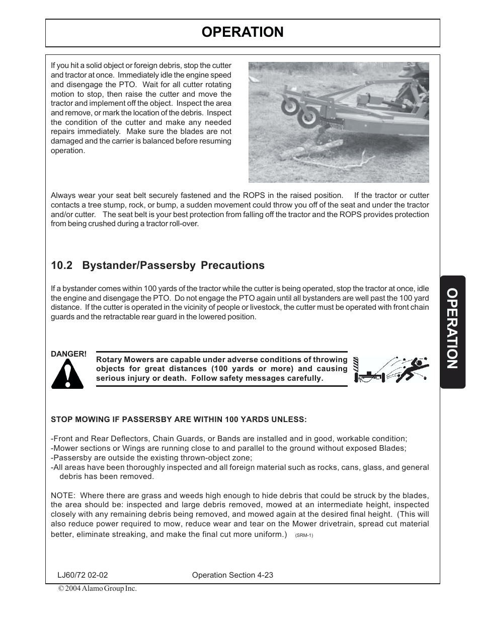 2) bystander/passersby precaution -23, Operation, Opera tion | 2 bystander/passersby precautions | Servis-Rhino LUMBERJACK 60/72 User Manual | Page 97 / 132