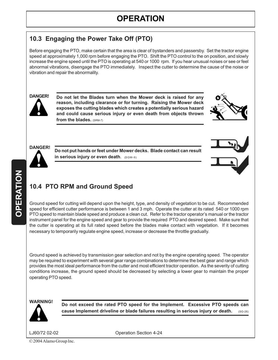 3) engaging the power take off (pto) -24, 4) pto rpm and ground speed -24, Operation | Opera tion, 4 pto rpm and ground speed, 3 engaging the power take off (pto) | Servis-Rhino LUMBERJACK 60/72 User Manual | Page 98 / 132