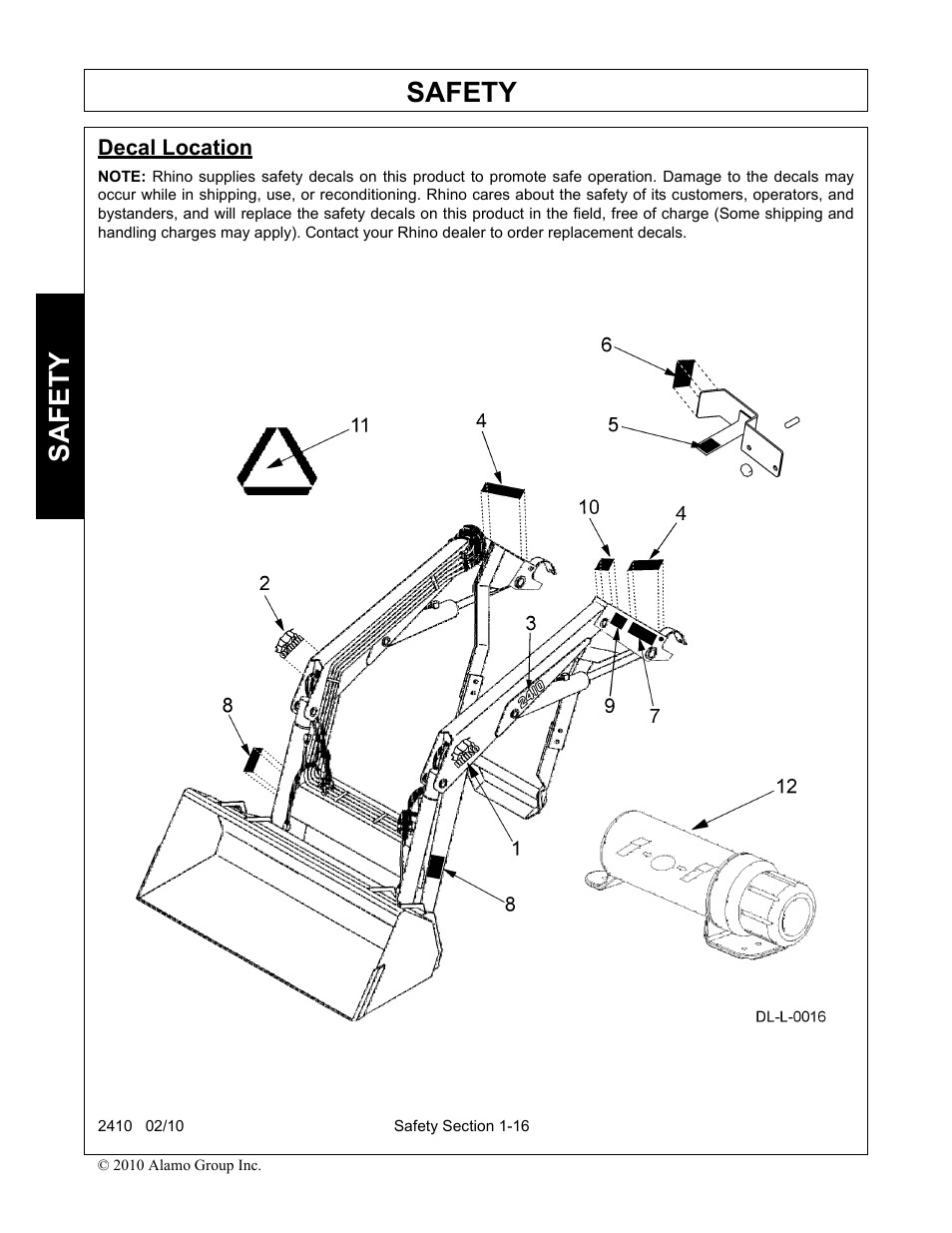 Decal location, Decal location -16, Safety | Servis-Rhino 2410 User Manual | Page 20 / 108