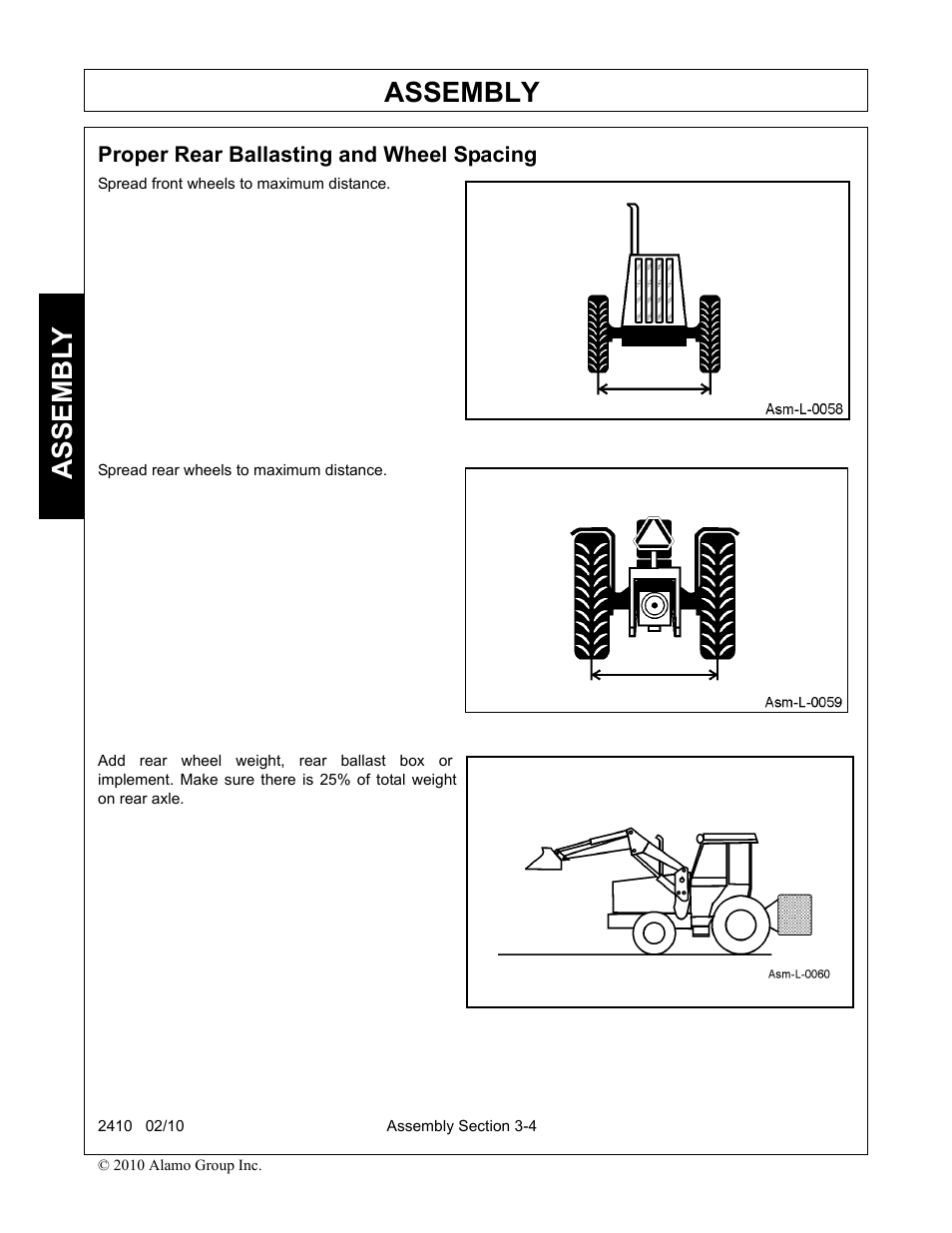 Proper rear ballasting and wheel spacing, Proper rear ballasting and wheel spacing -4, Assembly | Assembl y | Servis-Rhino 2410 User Manual | Page 38 / 108