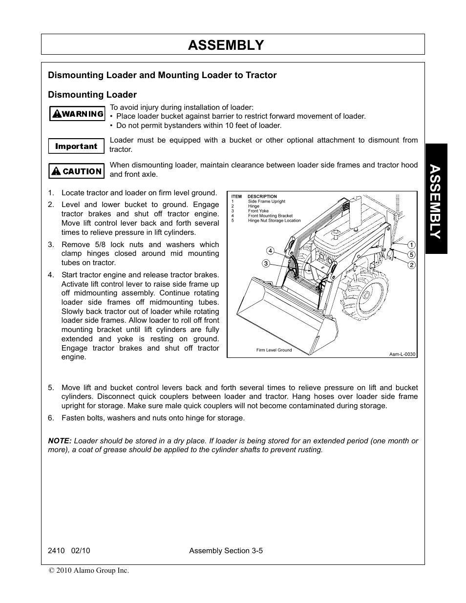 Dismounting loader and mounting loader to tractor, Dismounting loader, Locate tractor and loader on firm level ground | Assembly, Assembl y | Servis-Rhino 2410 User Manual | Page 39 / 108