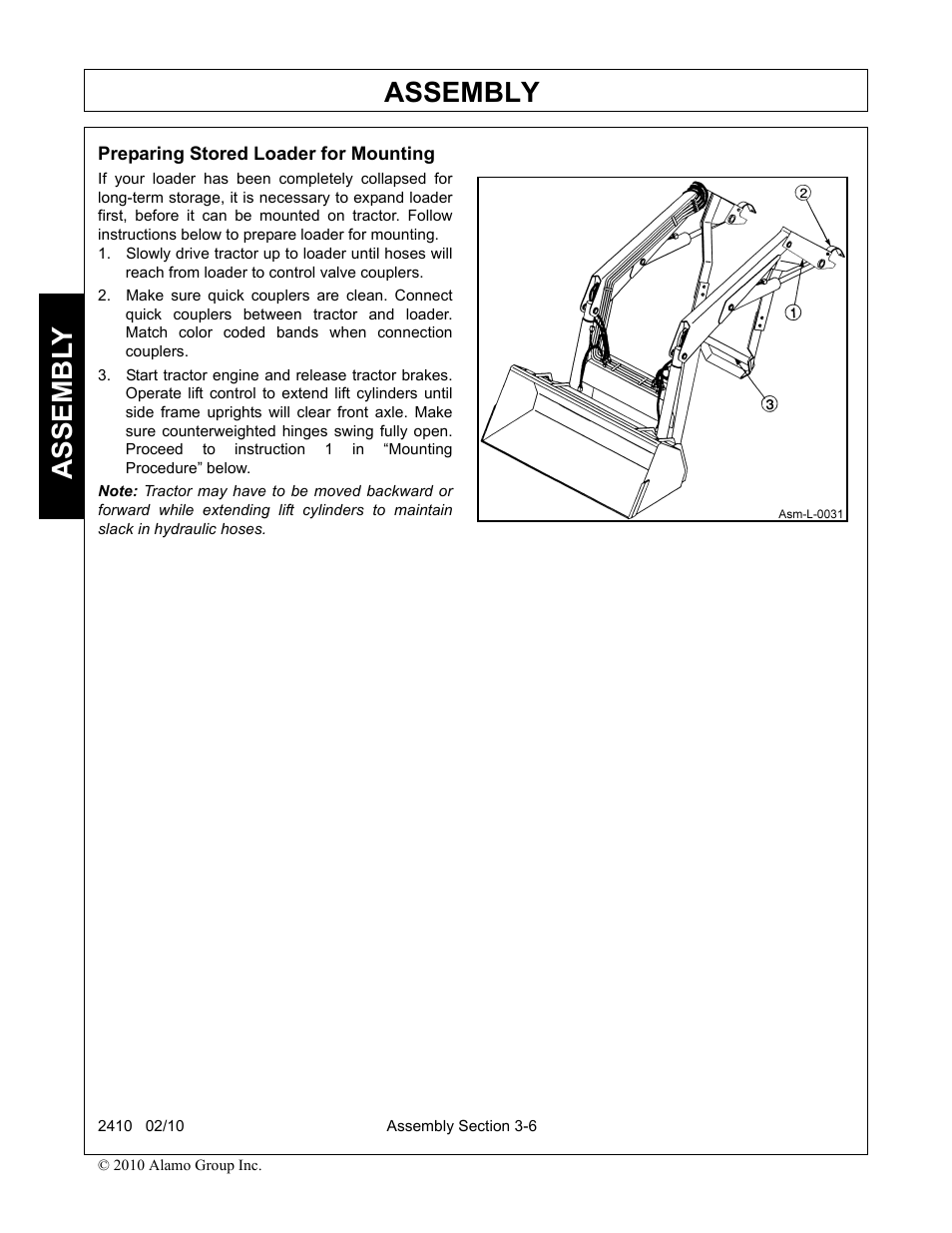 Preparing stored loader for mounting, Preparing stored loader for mounting -6, Assembly | Assembl y | Servis-Rhino 2410 User Manual | Page 40 / 108