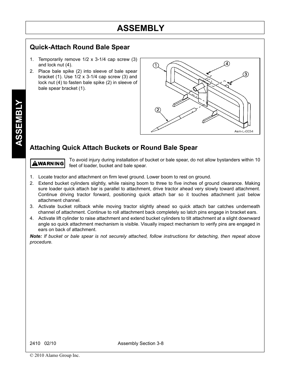 Quick-attach round bale spear, Attaching quick attach buckets or round bale spear, Assembly | Assembl y | Servis-Rhino 2410 User Manual | Page 42 / 108