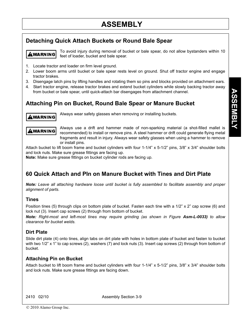 Detaching quick attach buckets or round bale spear, Locate tractor and loader on firm level ground, Tines | Dirt plate, Attaching pin on bucket, Assembly, Assembl y | Servis-Rhino 2410 User Manual | Page 43 / 108
