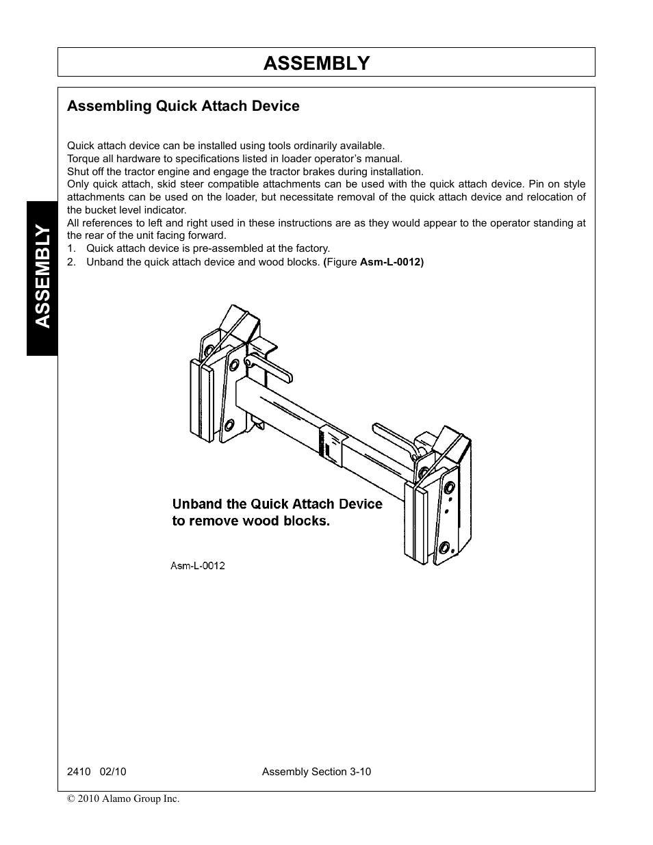 Assembling quick attach device, Assembling quick attach device -10, Assembly | Assembl y | Servis-Rhino 2410 User Manual | Page 44 / 108