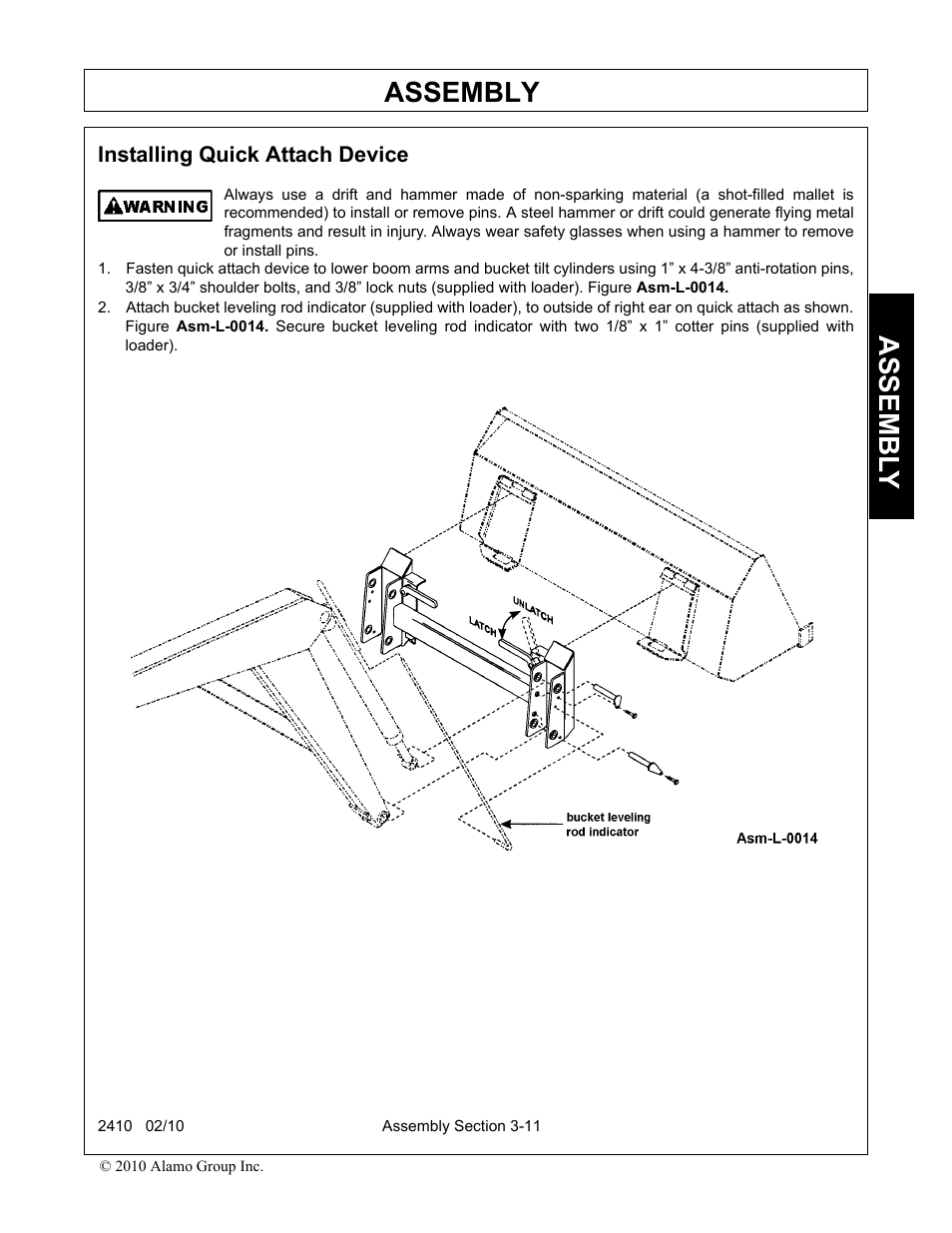 Installing quick attach device, Installing quick attach device -11, Assembly | Assembl y | Servis-Rhino 2410 User Manual | Page 45 / 108