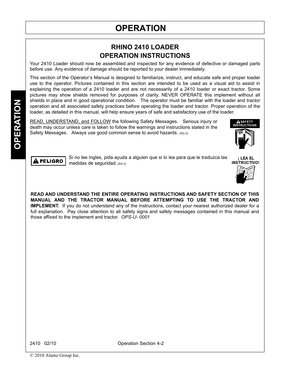 Rhino 2410 loader, Operation instructions, Operation | Opera t ion | Servis-Rhino 2410 User Manual | Page 50 / 108
