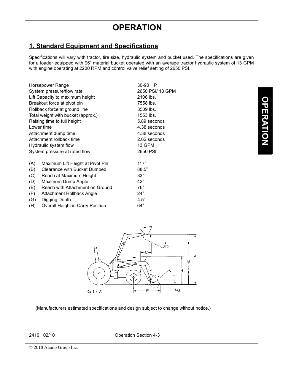 Standard equipment and specifications, A) maximum lift height at pivot pin 117, B) clearance with bucket dumped 88.5 | C) reach at maximum height 33, D) maximum dump angle 42, E) reach with attachment on ground 76, F) attachment rollback angle 24, G) digging depth 4.5, H) overall height in carry position 64, Standard equipment and specifications -3 | Servis-Rhino 2410 User Manual | Page 51 / 108