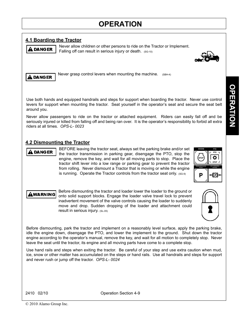 1 boarding the tractor, 2 dismounting the tractor, Boarding the tractor -9 dismounting the tractor -9 | Operation, Opera t ion | Servis-Rhino 2410 User Manual | Page 57 / 108