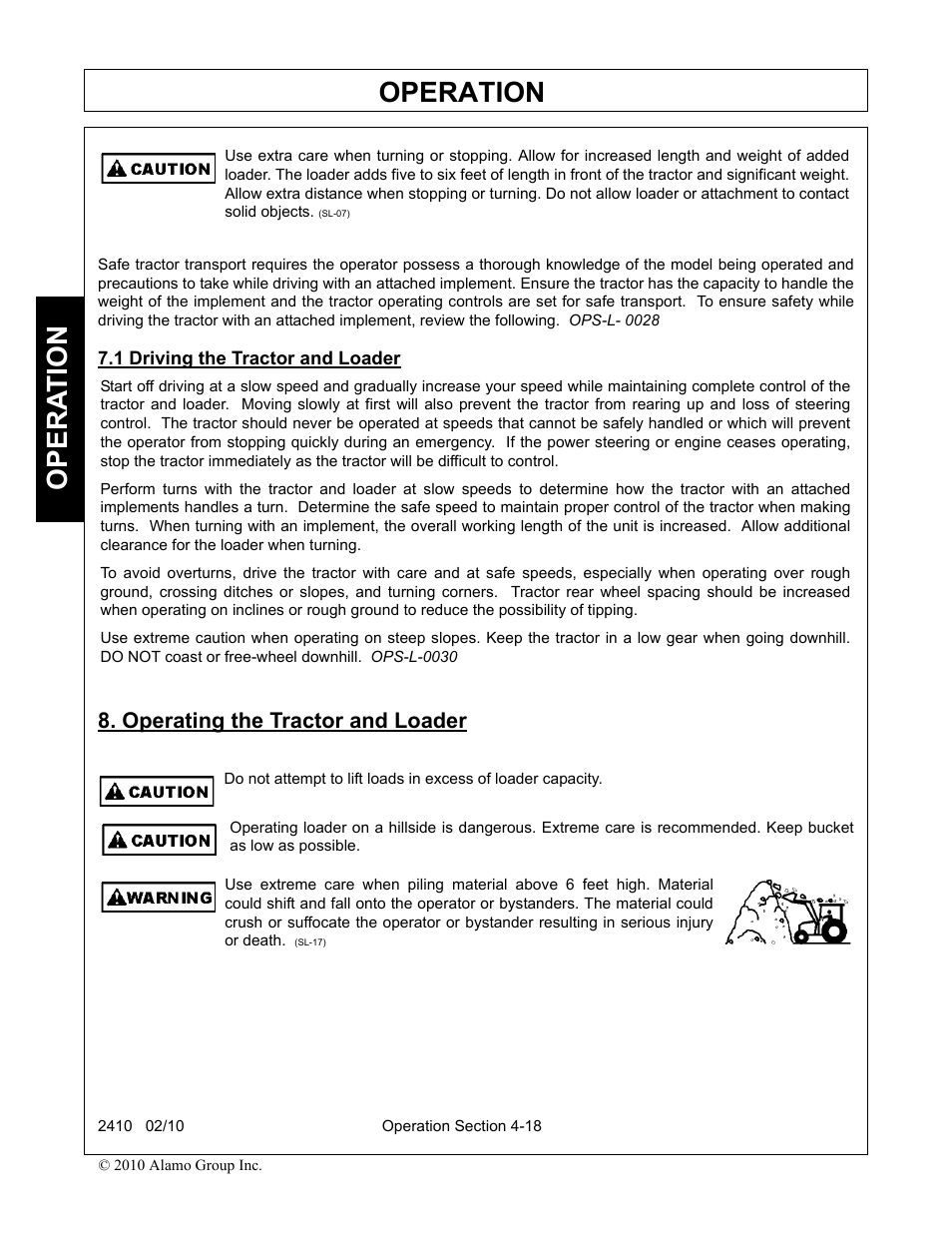 1 driving the tractor and loader, Operating the tractor and loader, Driving the tractor and loader -18 | Operating the tractor and loader -18, Operation, Opera t ion | Servis-Rhino 2410 User Manual | Page 66 / 108