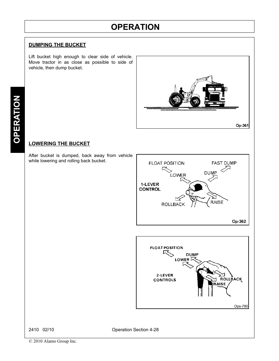 Dumping the bucket, Lowering the bucket, Operation | Opera t ion | Servis-Rhino 2410 User Manual | Page 76 / 108