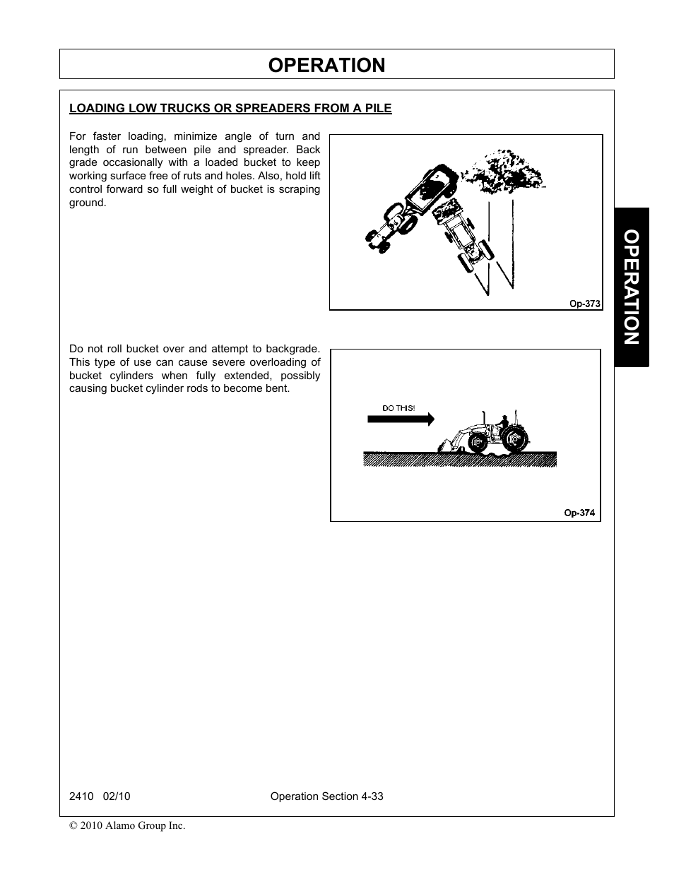 Loading low trucks or spreaders from a pile, Operation, Opera t ion | Servis-Rhino 2410 User Manual | Page 81 / 108