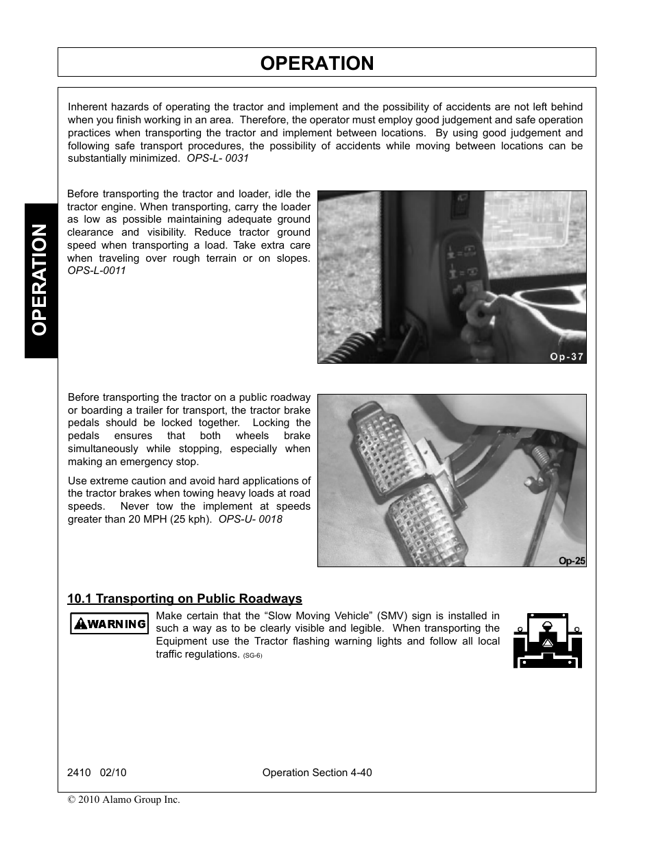 1 transporting on public roadways, Transporting on public roadways -40, Operation | Opera t ion | Servis-Rhino 2410 User Manual | Page 88 / 108