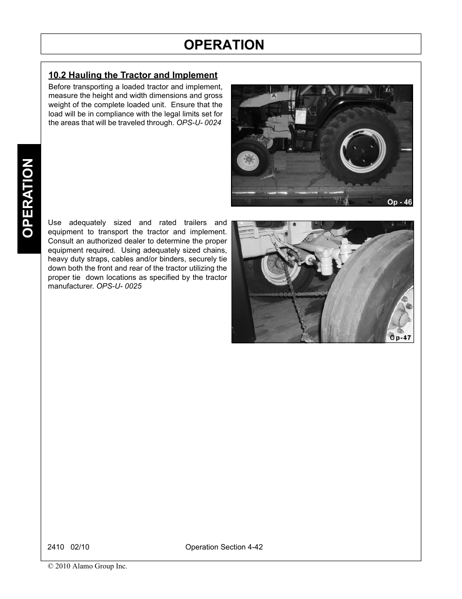 2 hauling the tractor and implement, Hauling the tractor and implement -42, Operation | Opera t ion | Servis-Rhino 2410 User Manual | Page 90 / 108
