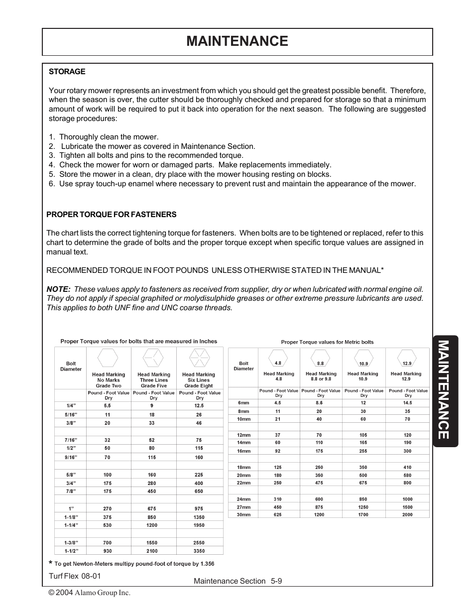 Storage -9 torque settings -9, Maintenance | Servis-Rhino TURF FLEX P/N 00763618C User Manual | Page 109 / 114