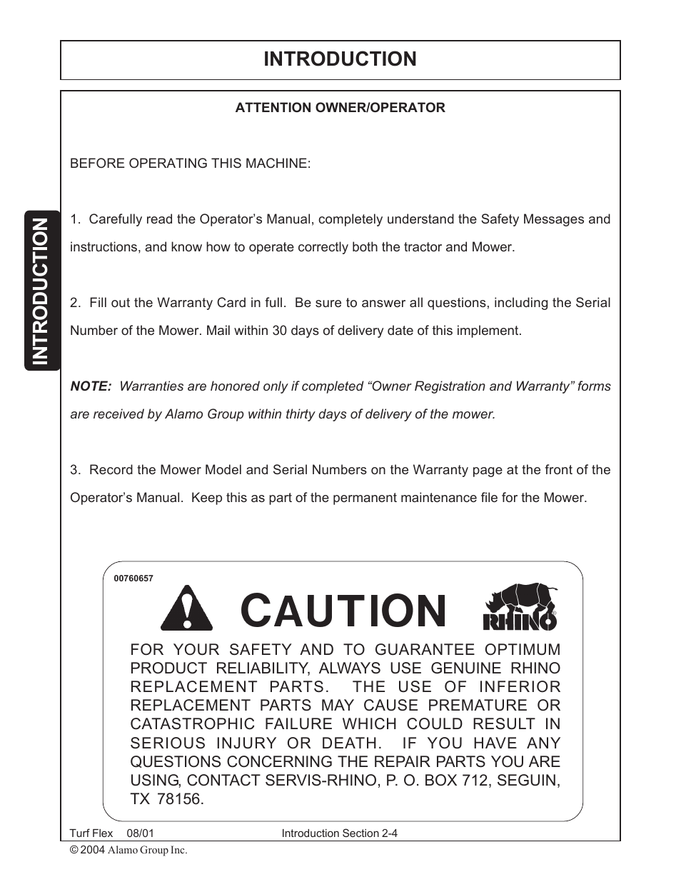 Introduction | Servis-Rhino TURF FLEX P/N 00763618C User Manual | Page 74 / 114