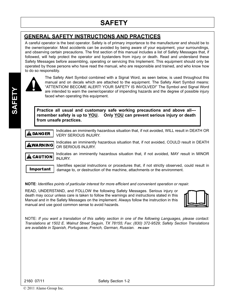 General safety instructions and practices, General safety instructions and practices -2, Safety | Servis-Rhino BOOM ROTARY MOWER 2160 User Manual | Page 10 / 204