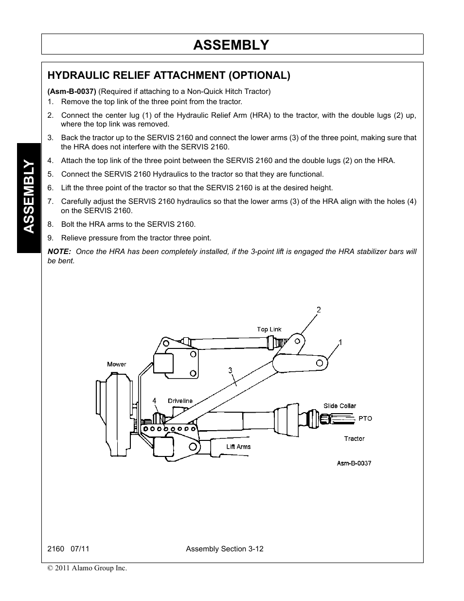 Bolt the hra arms to the servis 2160, Relieve pressure from the tractor three point, Hydraulic relief attachment (optional) -12 | Assembly, Assembl y, Hydraulic relief attachment (optional) | Servis-Rhino BOOM ROTARY MOWER 2160 User Manual | Page 106 / 204