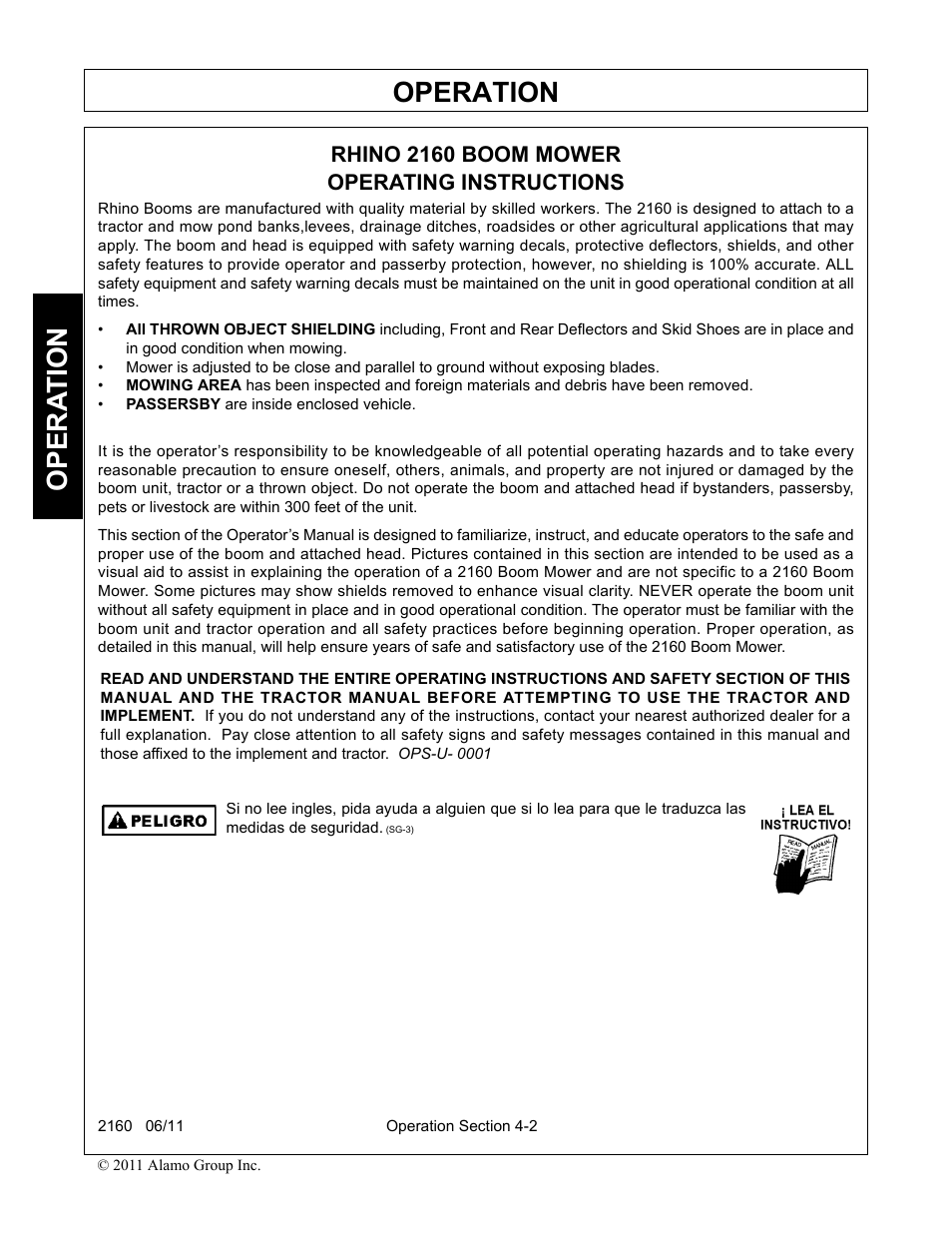 Operation, Opera t ion, Rhino 2160 boom mower operating instructions | Servis-Rhino BOOM ROTARY MOWER 2160 User Manual | Page 112 / 204